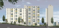Farbgestaltung Fassade Hochhaus in weiß mit Farbakzenten in grün, blau, ocker und grau.