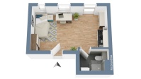 3D-Vermarktungsgrundriss möbliert Wohnraum mit Küchenzeile und Bad