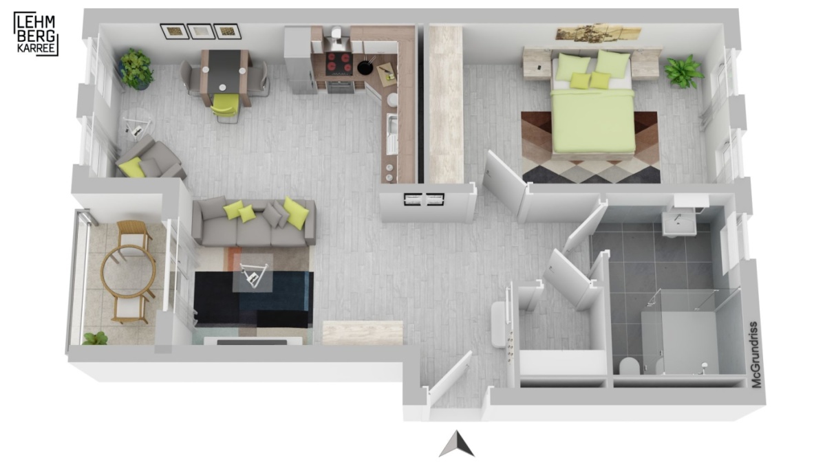 3D-Vermarktungsgrundriss möbliert, offener Wohnbereich, Schlafzimmer, Küche, Bad, Loggia