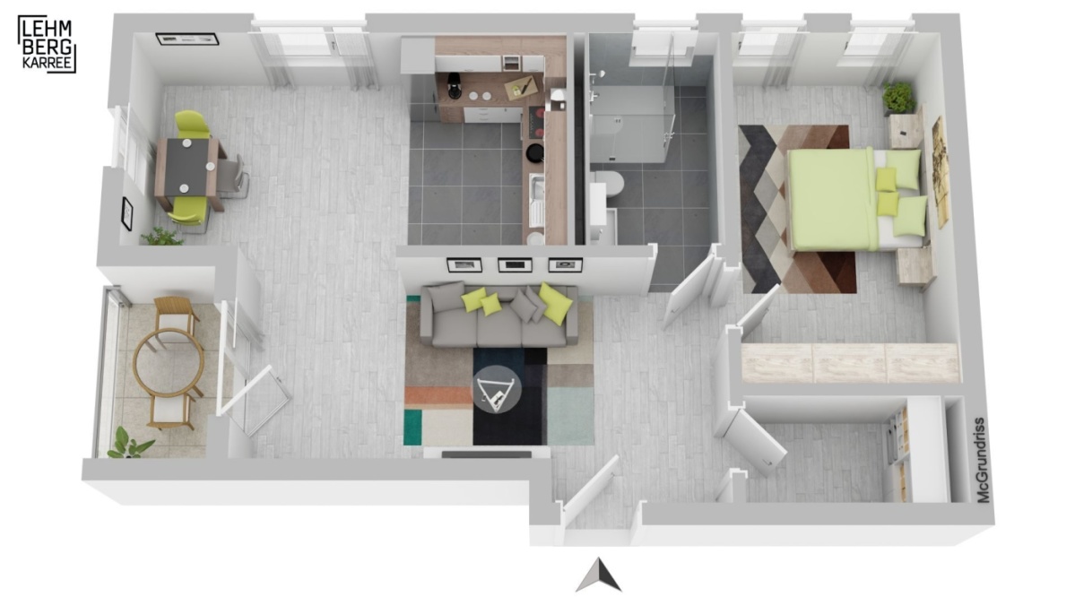 3D-Vermarktungsgrundriss möbliert, offener Wohnbereich, Schlafzimmer, Küche, Bad, Loggia