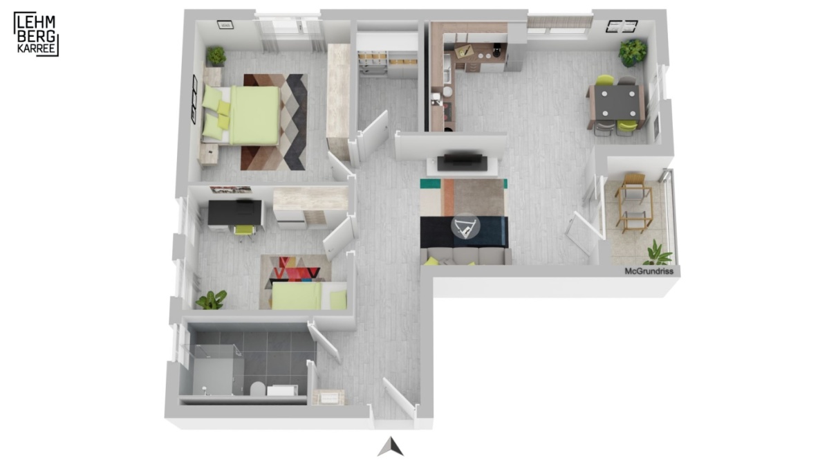 3D-Vermarktungsgrundriss möbliert, offener Wohnbereich, Schlafzimmer, Kinderzimmer, Küche, Bad, Loggia