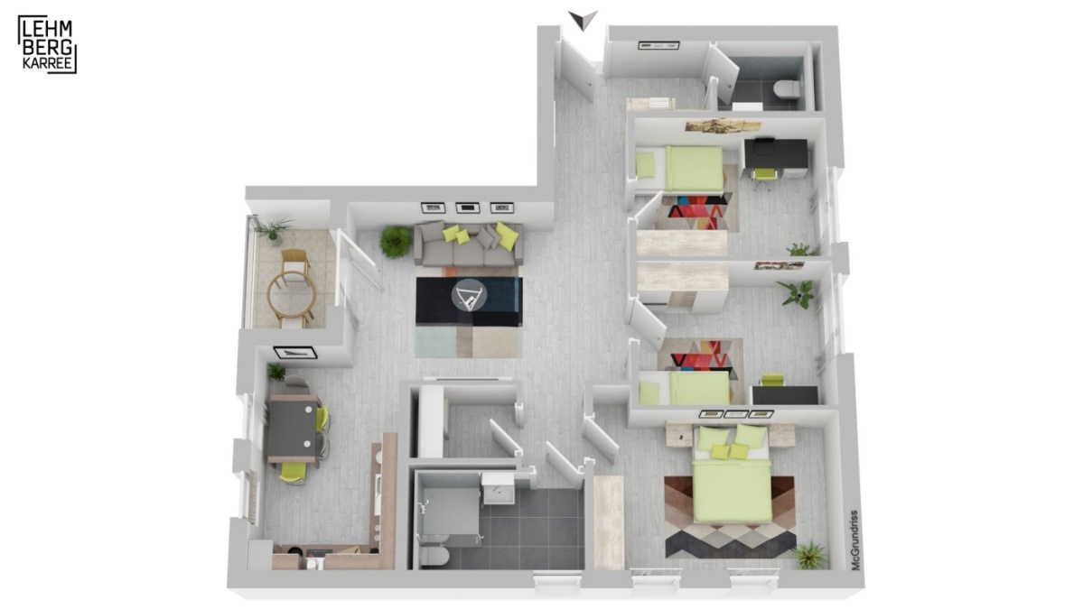 3D-Vermarktungsgrundriss möbliert, offener Wohnbereich, Schlafzimmer, 2 Kinderzimmer, Küche, Bad, Loggia