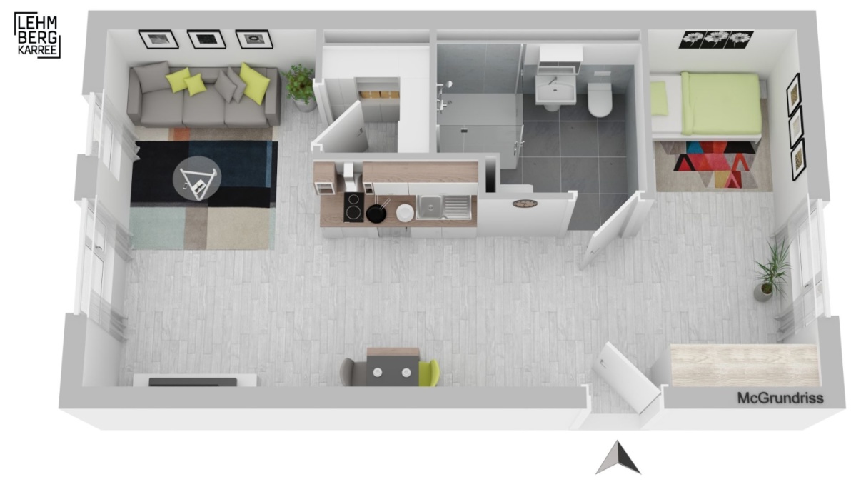3D-Vermarktungsgrundriss möbliert, offener Wohn-/Schlafbereich, Küche, Bad