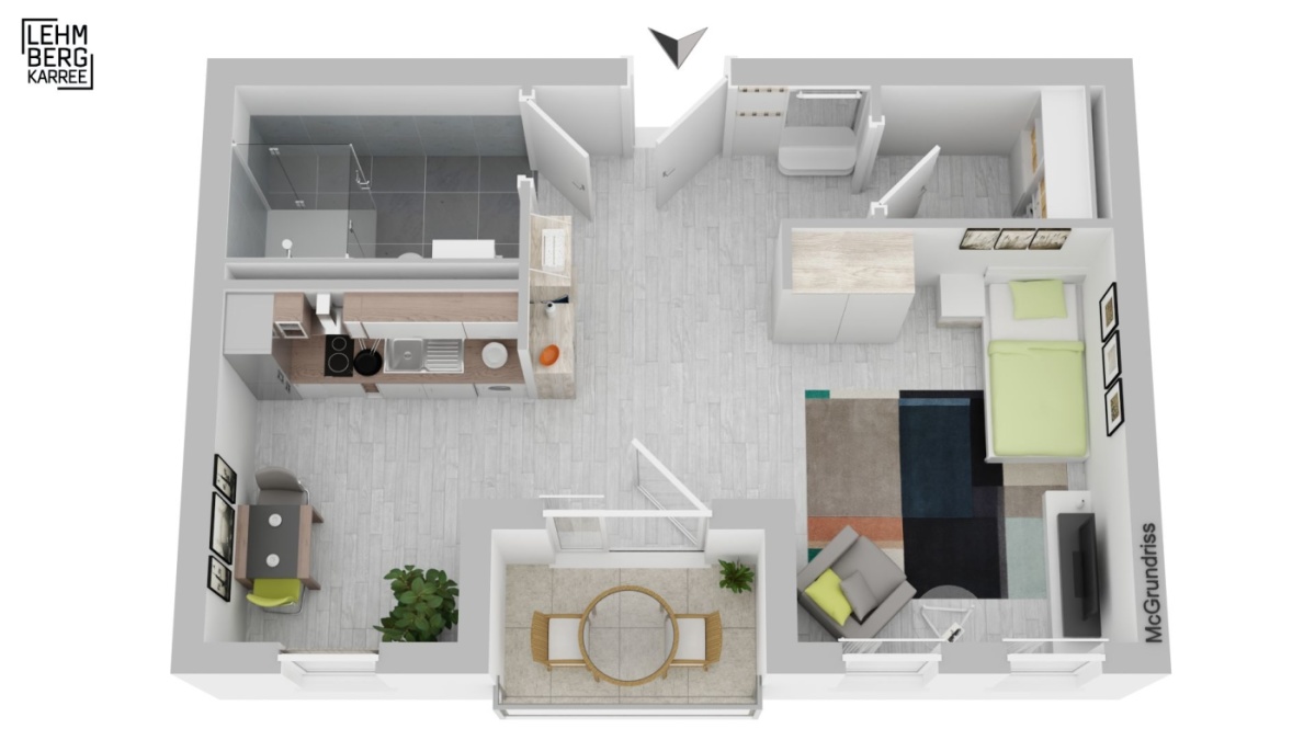 3D-Vermarktungsgrundriss möbliert, offener Wohn-/Schlafbereich, Küche, Bad, Loggia