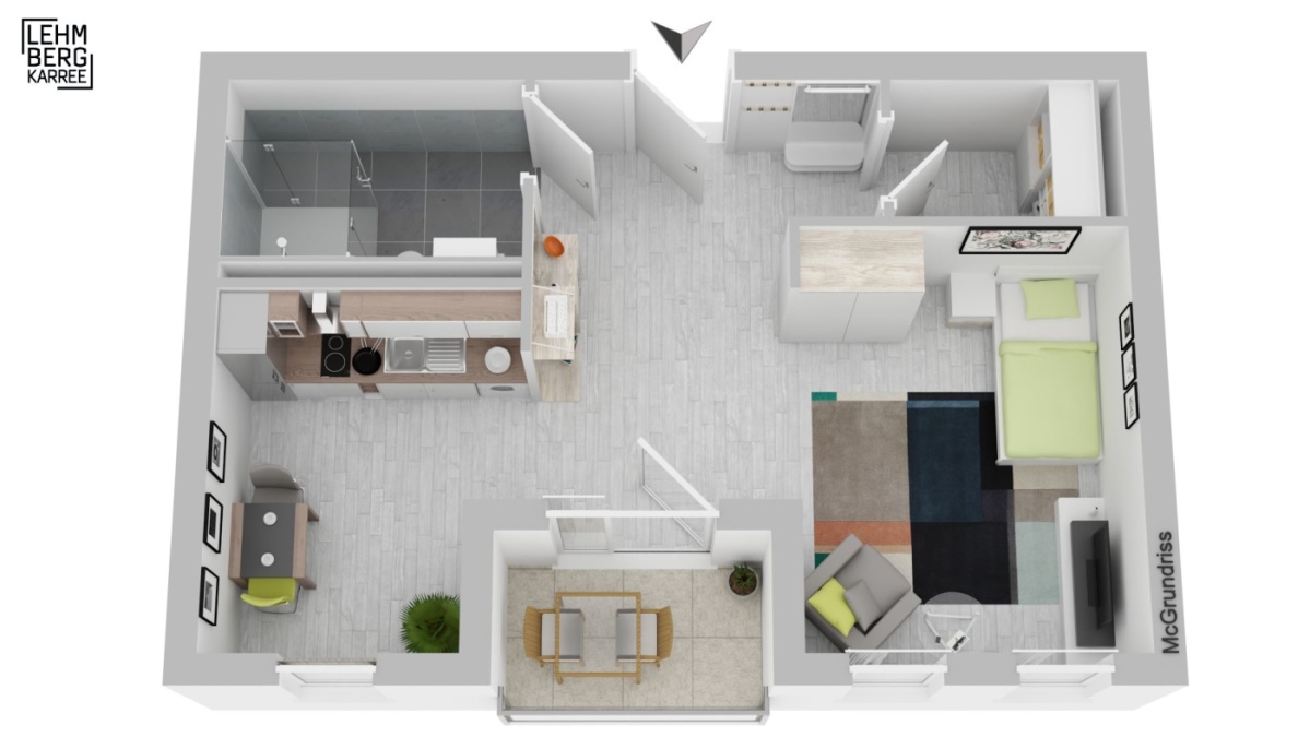 3D-Vermarktungsgrundriss möbliert, offener Wohn-/Schlafbereich, Küche, Bad, Loggia
