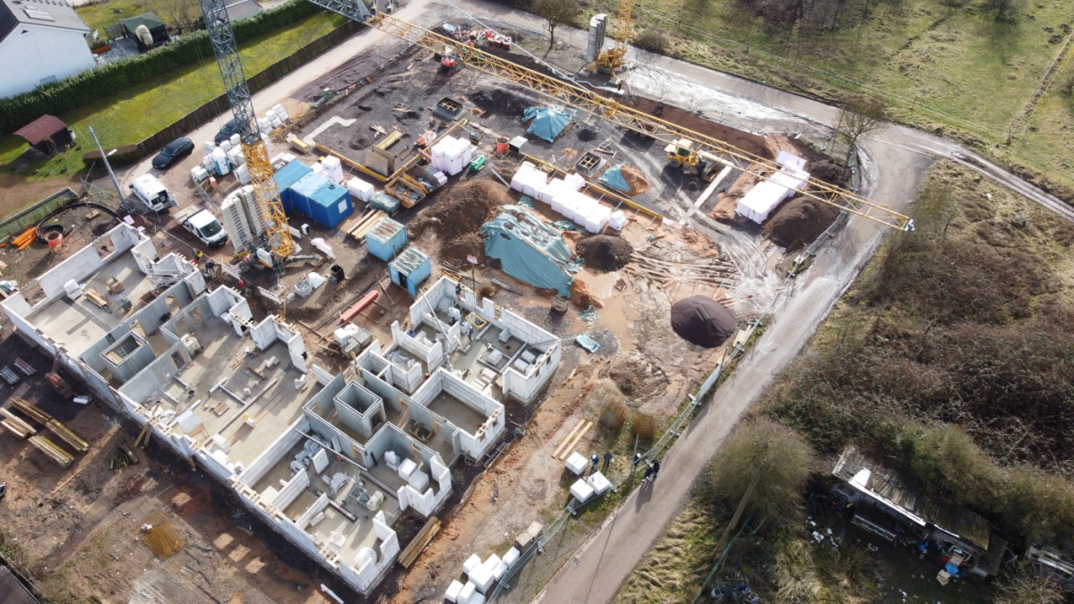 Baustelle Albertstraße im Februar 2026 Drohnenaufnahme Rohbau Albertstraße: Erdgeschoss des 1. Baukörpers