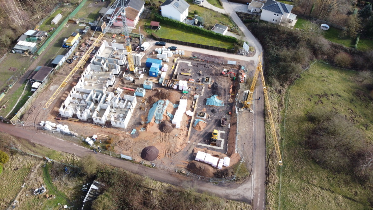 Baustelle Albertstraße im Februar 2026 aus der Vogelperspektive Drohnenaufnahme Rohbau Albertstraße: Erdgeschoss des 1. Baukörpers