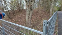 Ecke Böschung und Hecke vor der Reinigung, Gitter im Vordergrund